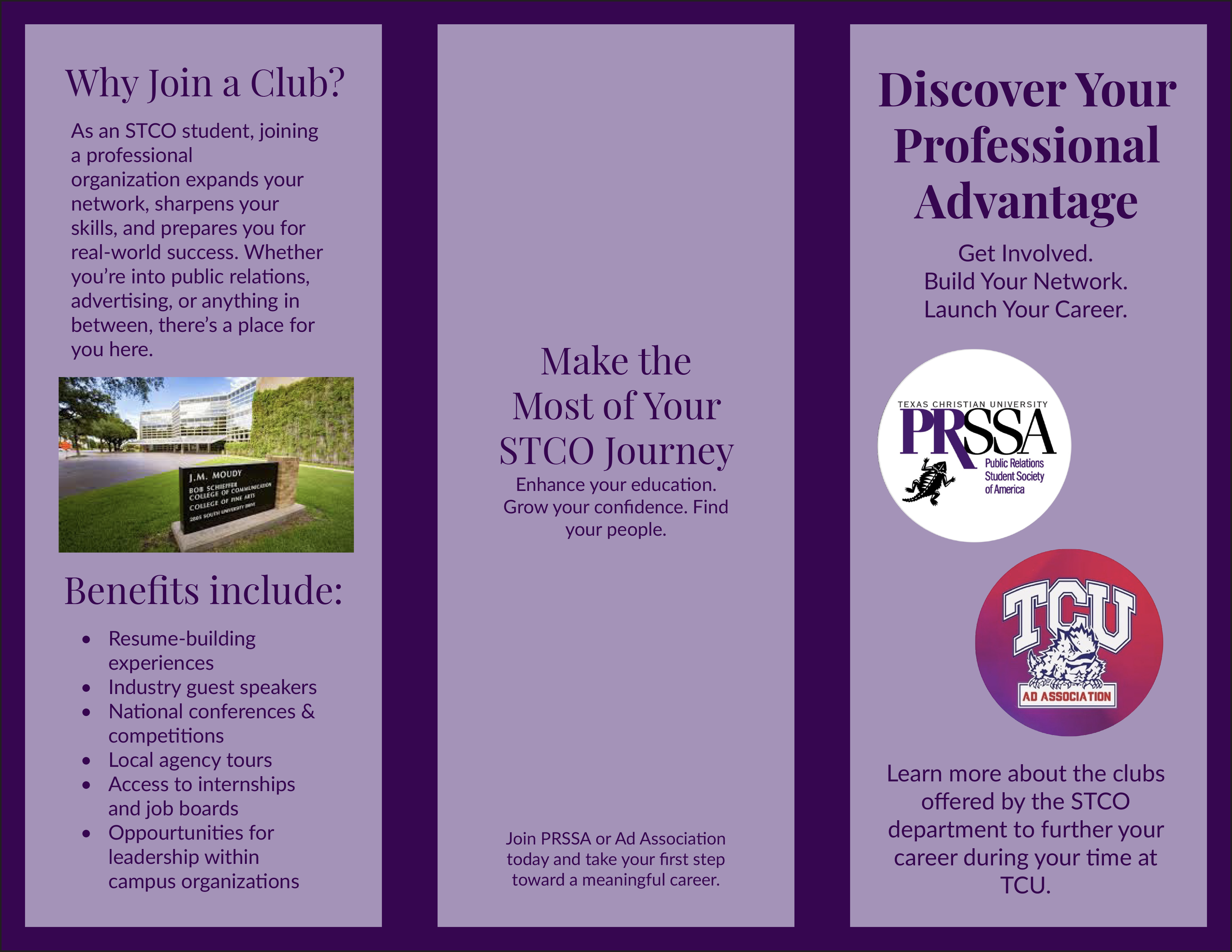 Brochure cover about Strategic Communications clubs at TCU