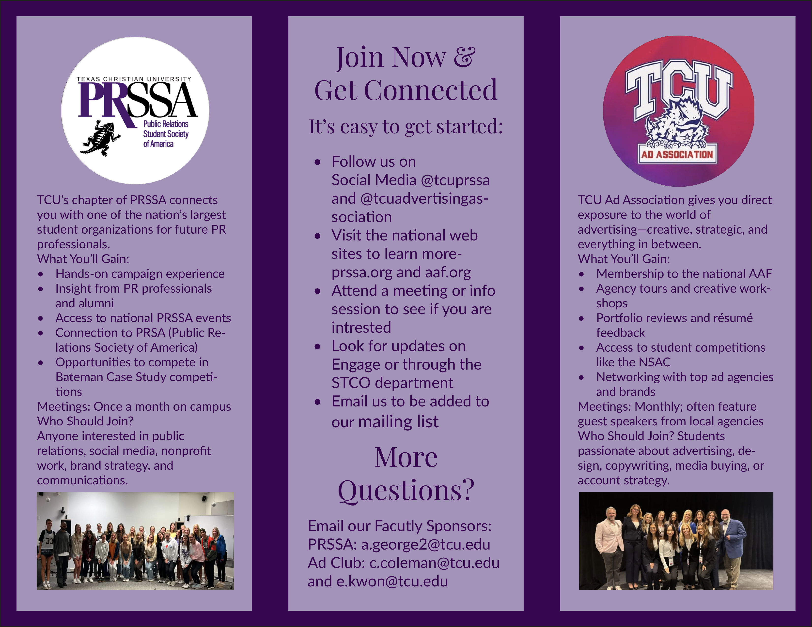Brochure interior spread about Strategic Communications clubs at TCU